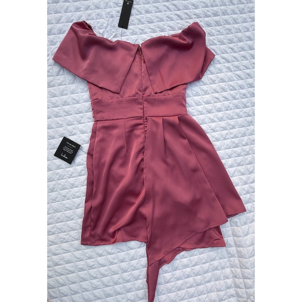 Lulus Pink Satin Off Shoulder Draped Mini Dress D17130 Cocktail Party XS NEW - Picture 9 of 11